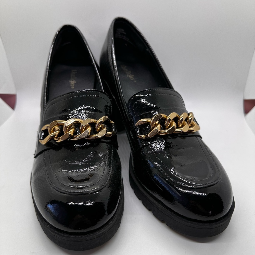 Limelight Black Patent Loafers with Gold Chain